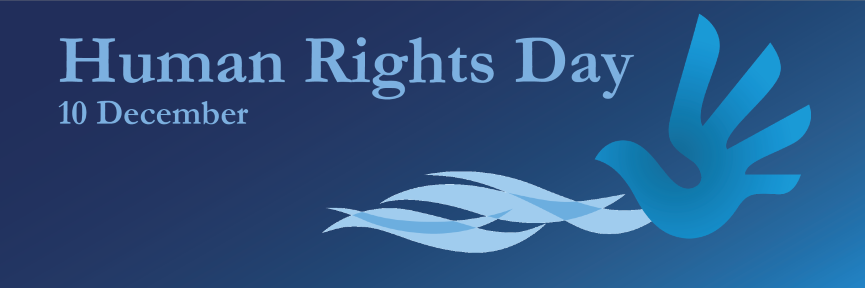 Dark blue background with the words Human Rights Day and date December 10, with a dove in blue floating above the waves of the Coast District logo.