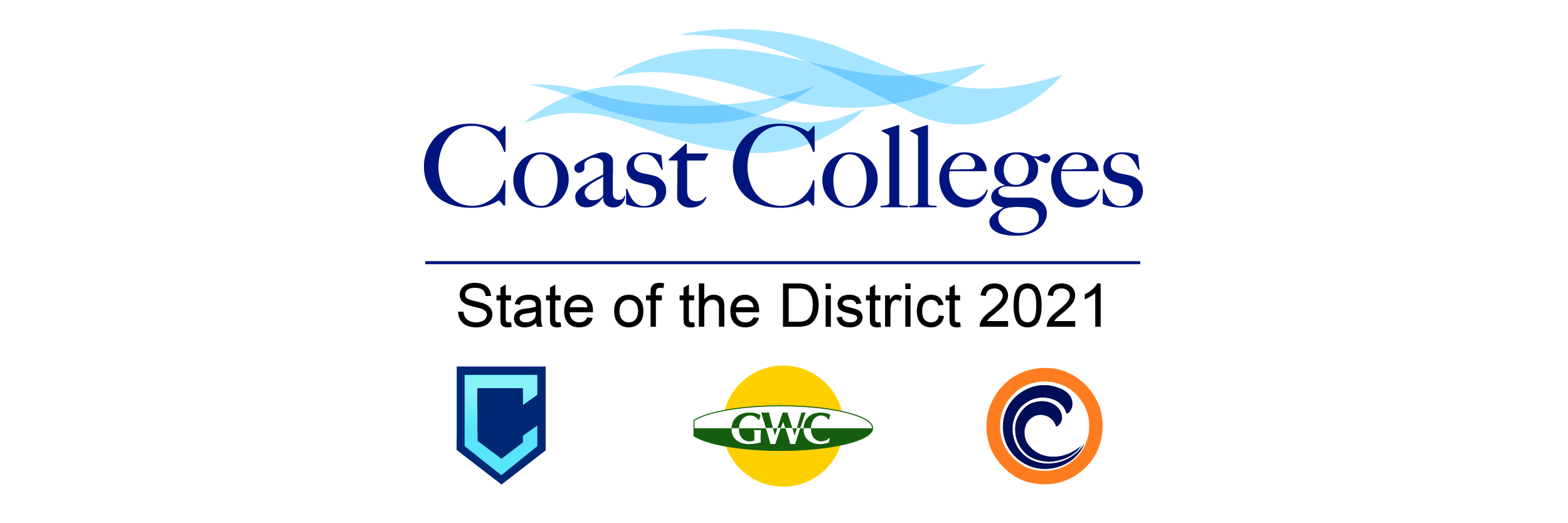 Coast Colleges logo with the words State of the District 2021 underneath followed by the logos for Coastline College, Golden West College, and Orange Coast College