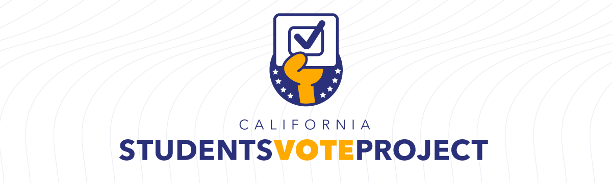 Wavy field in the background with a star lined circle and a hand holding a ballot, the words California Students Vote Project below