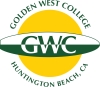 A circle with the words Golden West College, Huntington Beach, on the outside with a central surfboard and the letters GWC.
