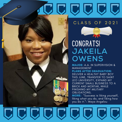 Image and profile of Jakeila Owens, in her U.S. military dress uniform
