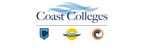 Blue waves followed by the words Coast Colleges with logos for Coastline College, Golden West College, and Orange Coast College beneath.