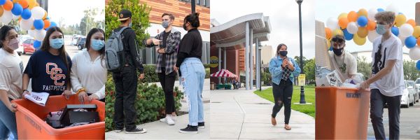 Collage of students at housing move-in day, talking in a group, and walking on campus, all wearing face coverings.