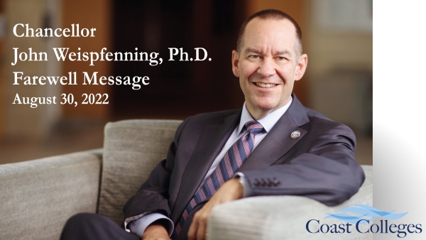 Image of the chancellor seated. Title Chancellor John Weispfenning, Ph.D., Farewell Message, August 30, 2022