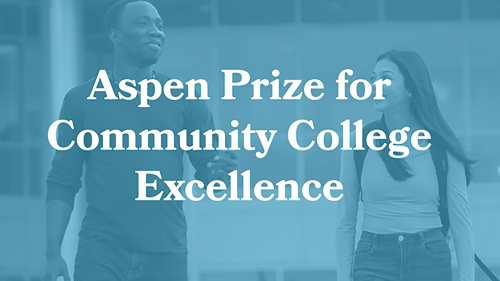 Photo of two students in background with the words Aspen Prize for Community College Excellence in the foreground